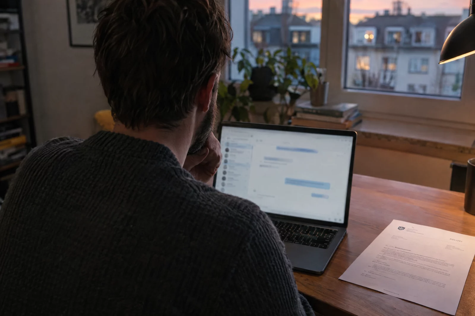 Ein Mann sitzt vor einem Laptop mit unscharfem Chatfenster, daneben liegt eine Vorladung der Polizei wegen Belästigung im Internet.