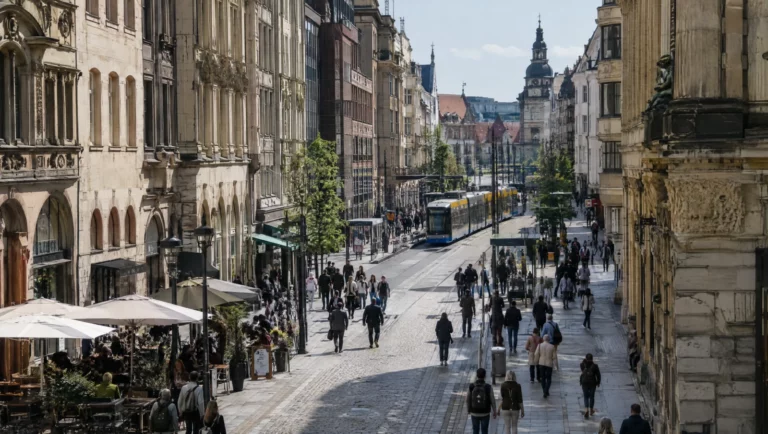 Belebte Fußgängerzone in der Leipziger Innenstadt mit Passanten und Straßenbahn, typischer Ort für Vorwürfe wegen Catcalling.