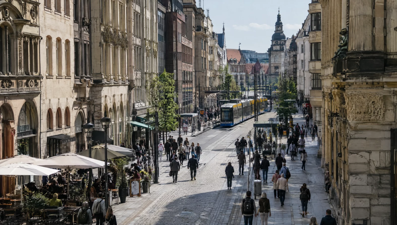Belebte Fußgängerzone in der Leipziger Innenstadt mit Passanten und Straßenbahn, typischer Ort für Vorwürfe wegen Catcalling.