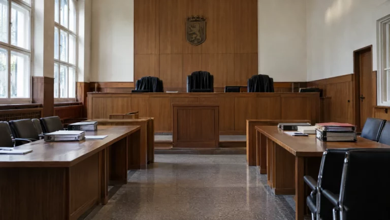 Leerer Saal eines Landgerichts mit erhöhter Richterbank, Roben und Akten – hier werden Vorwürfe der sexuellen Nötigung verhandelt.