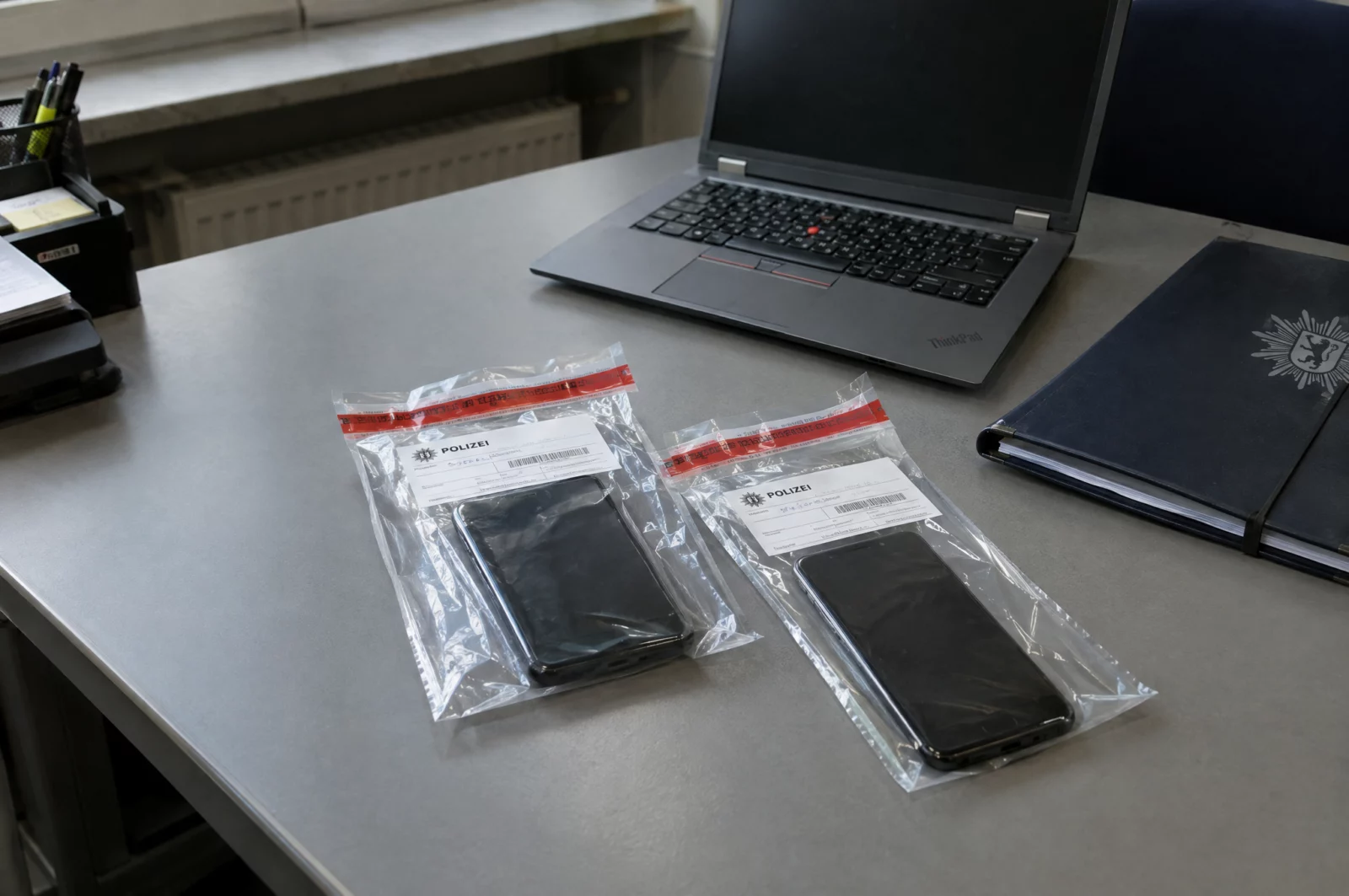 Sexuelle Nötigung - § 177 StGB Zwei Smartphones in versiegelten Beweismitteltaschen liegen auf einem Schreibtisch der Polizei, etwa zur Auswertung von Chatverläufen.