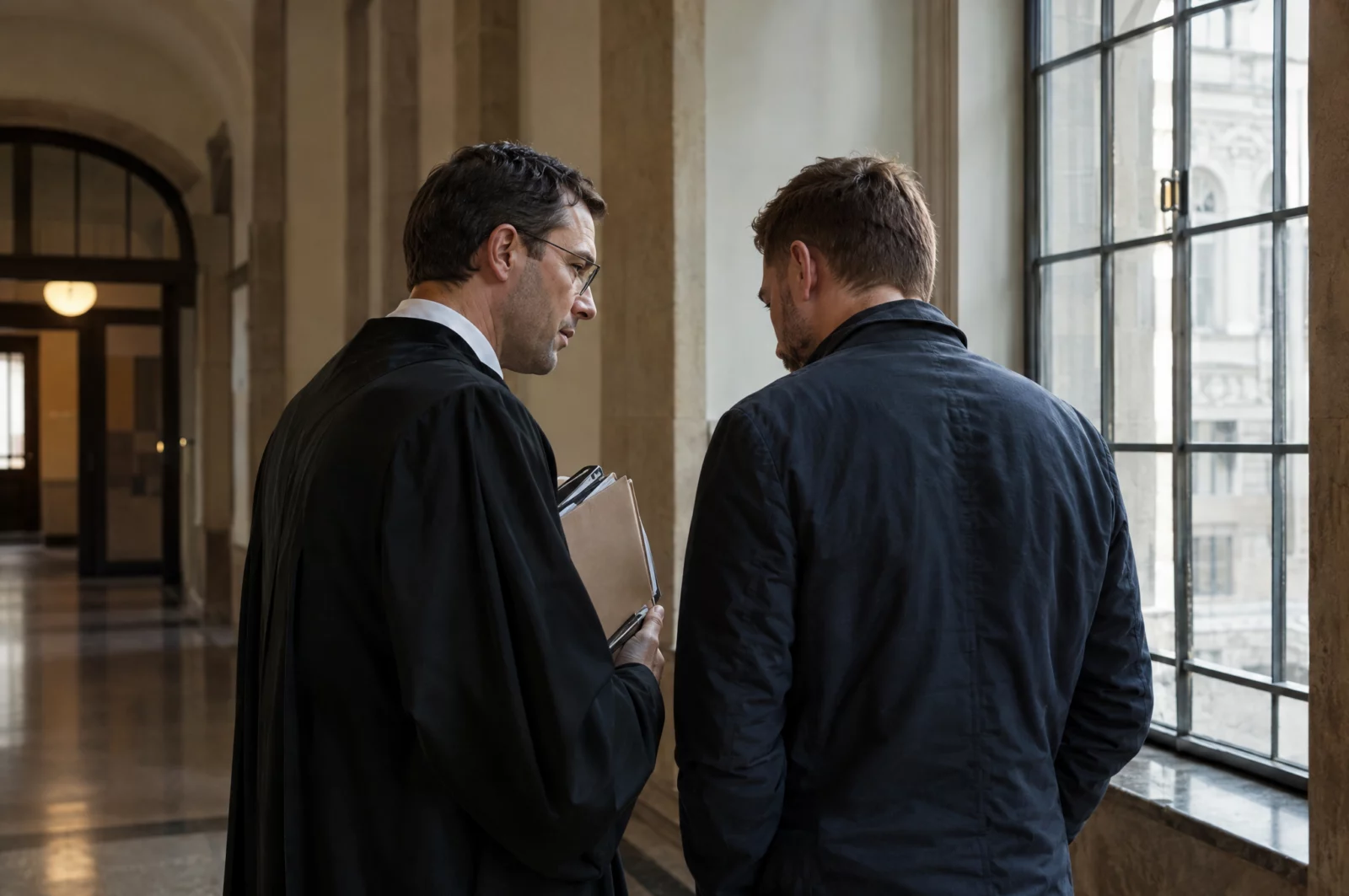 Sexuelle Nötigung - § 177 StGB Ein Strafverteidiger in Robe spricht im Flur des Gerichts leise mit seinem Mandanten vor der Verhandlung wegen sexueller Nötigung.