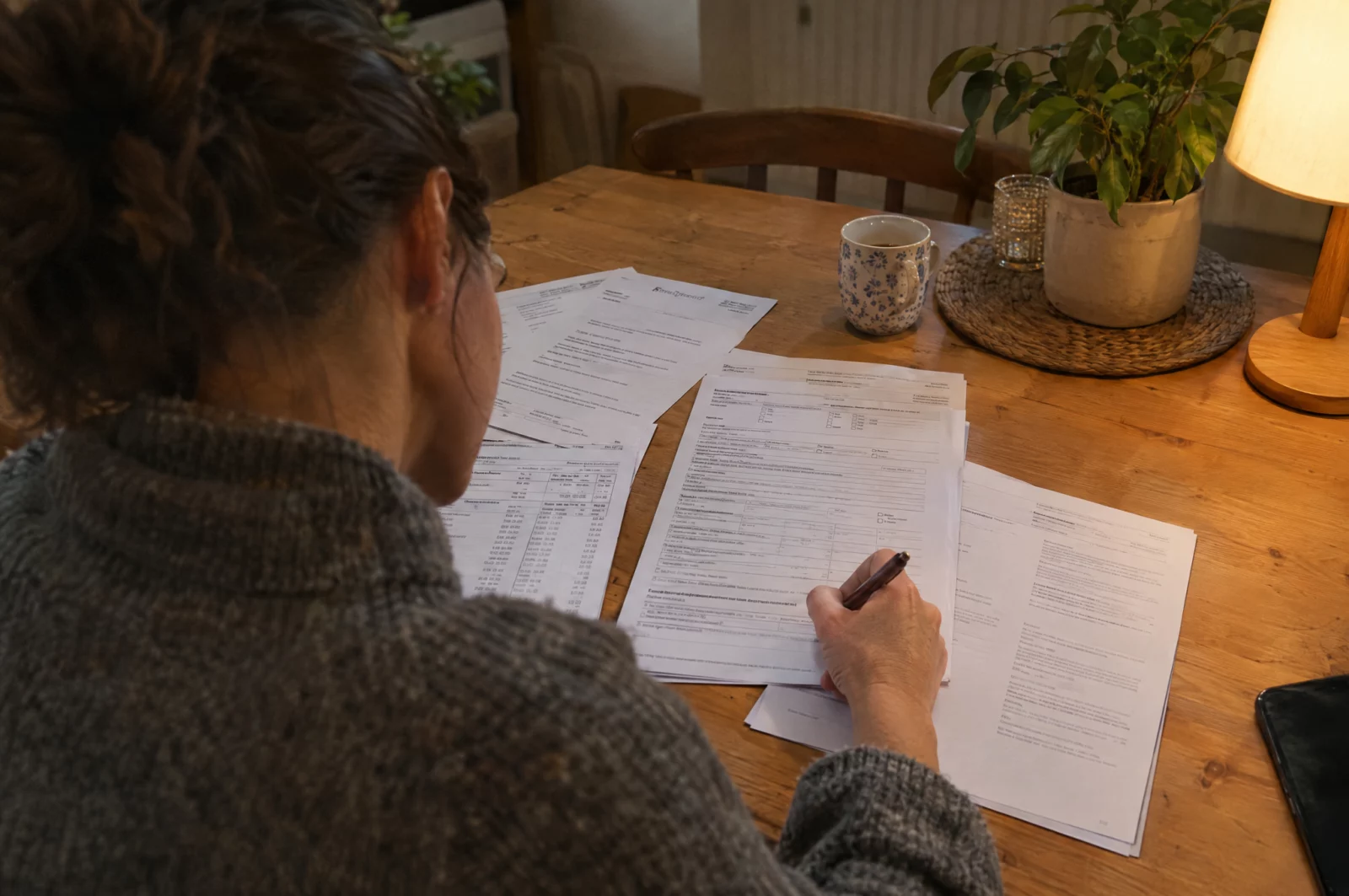 Sozialbetrug - § 263 StGB Person füllt am Küchentisch einen mehrseitigen Leistungsantrag aus, daneben Mietvertrag und Lohnabrechnungen.