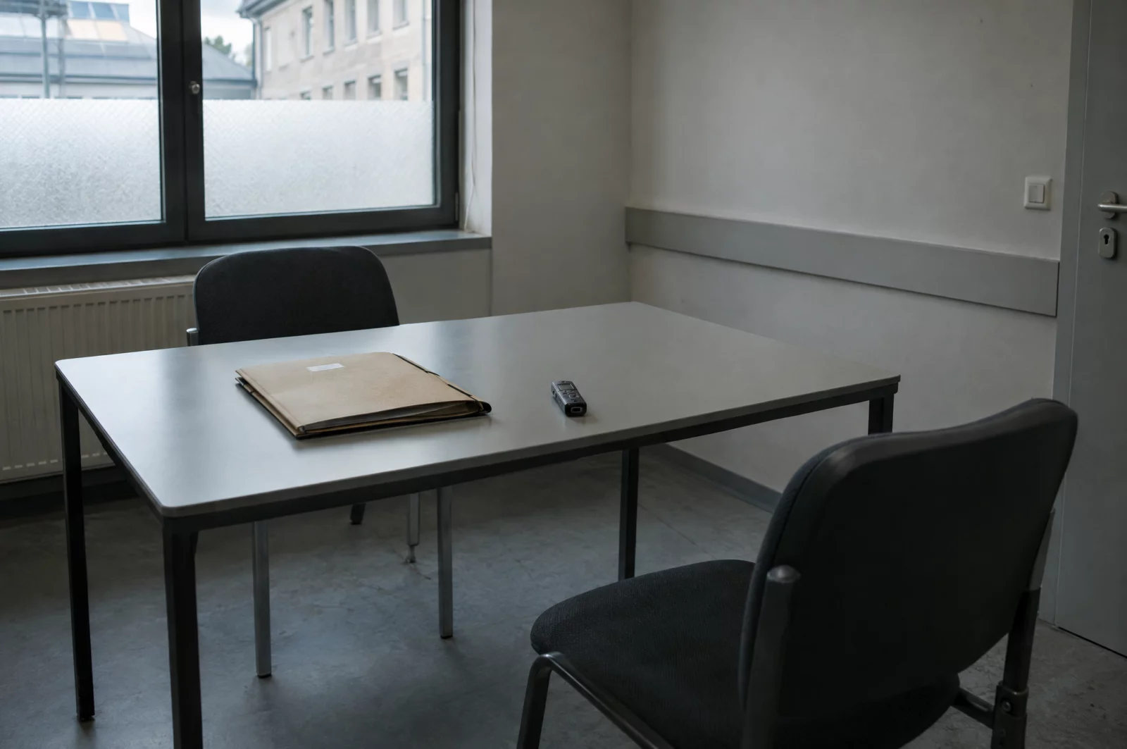 Leerer Vernehmungsraum einer Polizeidienststelle mit Tisch, Akte und Aufnahmegerät, Ort der Beschuldigtenvernehmung wegen Stealthing.
