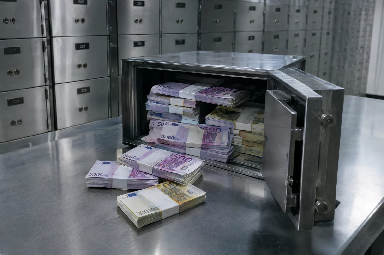 Gebündelte Euro-Scheine in einem geöffneten Bankschließfach, typisches Indiz bei einem besonders schweren Fall der Steuerhinterziehung.