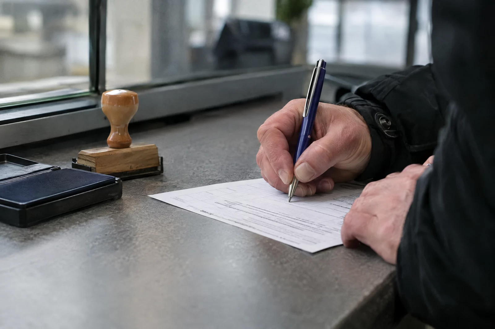 Strafanzeige und Strafantrag Hand unterschreibt ein amtliches Formular neben Stempel und Stempelkissen – der Strafantrag bedarf der Schriftform.