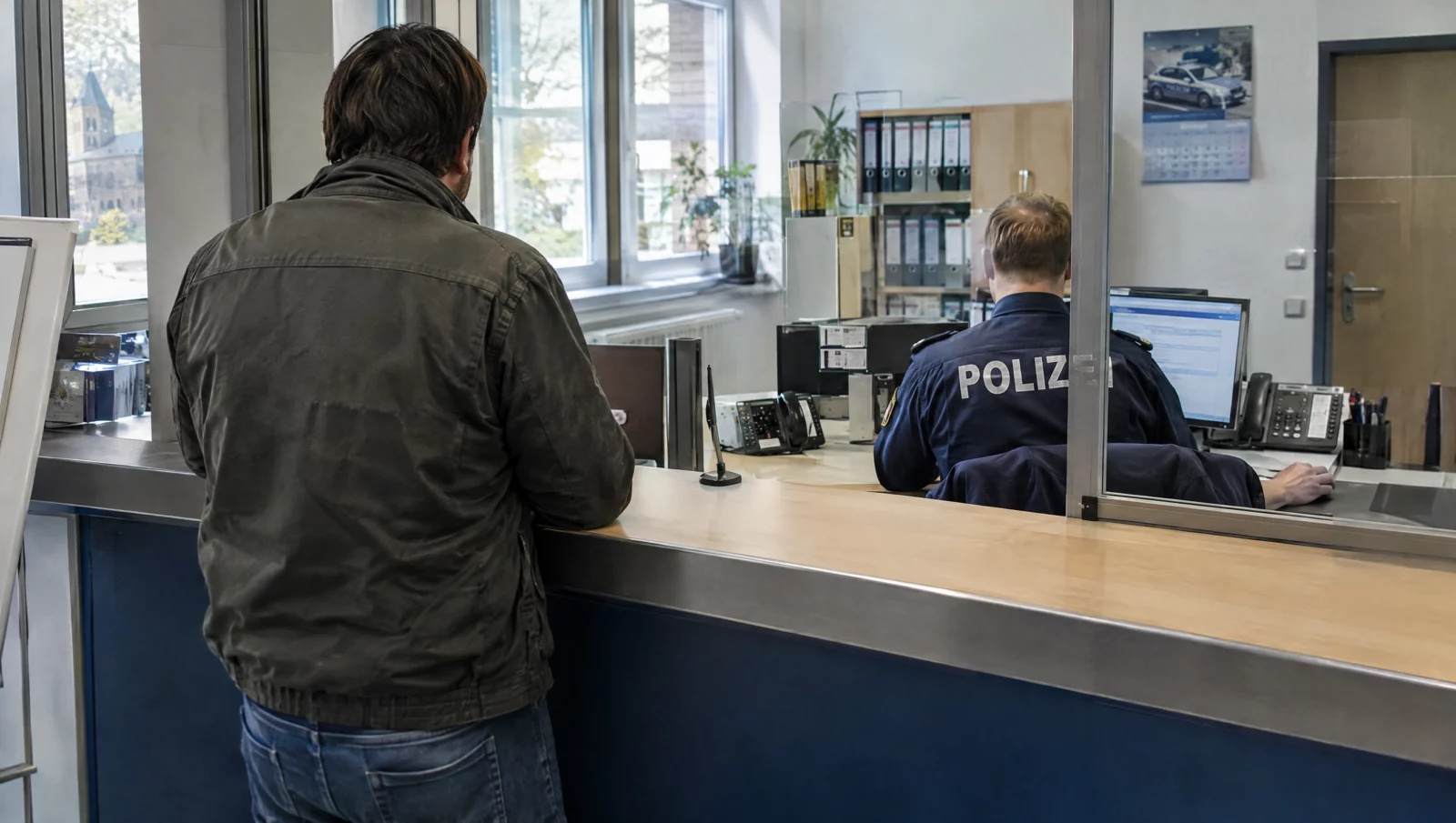 Ein Mann erstattet am Tresen einer Polizeiwache Strafanzeige, während ein Beamter die Angaben in den Computer eintippt.