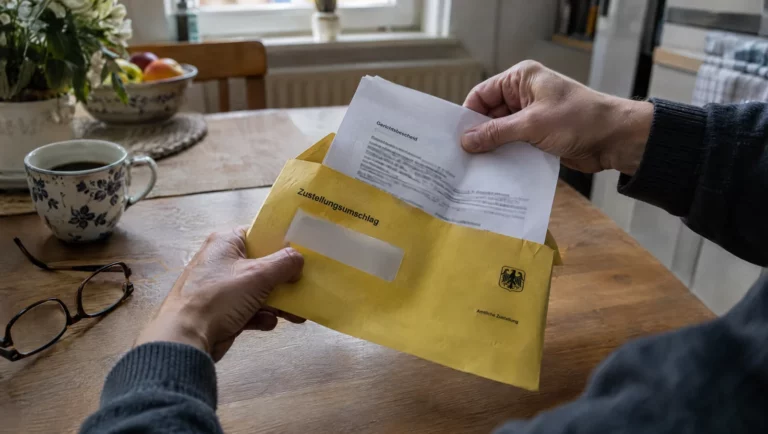 Hände öffnen am Küchentisch einen gelben Zustellungsumschlag, aus dem ein Strafbefehl des Amtsgerichts gleitet.