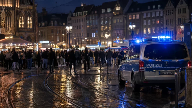Belebter Stadtplatz bei Nacht mit Menschenmenge und Polizeifahrzeug am Rand, typische Lage bei Vorwürfen nach § 184j StGB.