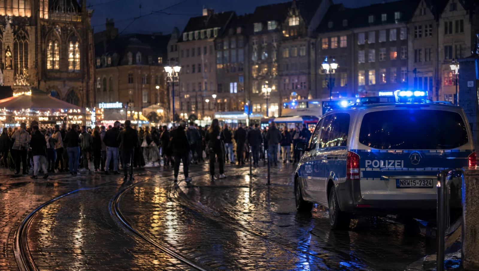 Belebter Stadtplatz bei Nacht mit Menschenmenge und Polizeifahrzeug am Rand, typische Lage bei Vorwürfen nach § 184j StGB.