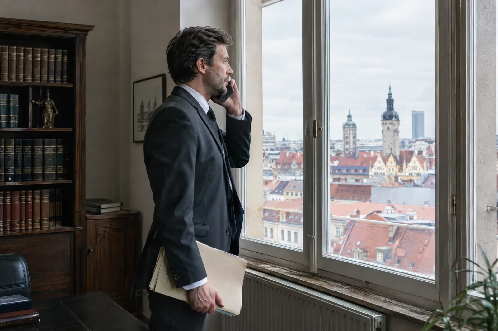 Strafverteidiger telefoniert am Fenster seiner Leipziger Kanzlei mit Akte in der Hand, erster Schritt bei Ermittlungen nach § 184j StGB.