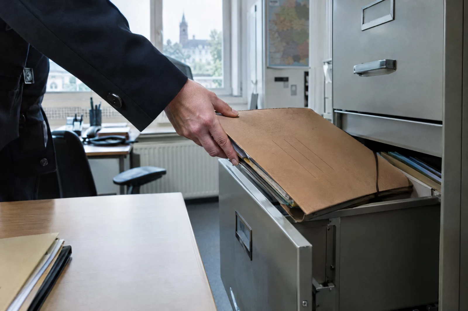 Ein Amtsträger schiebt eine Ermittlungsakte in eine Schublade, Sinnbild für Strafvereitelung im Amt nach § 258a StGB.