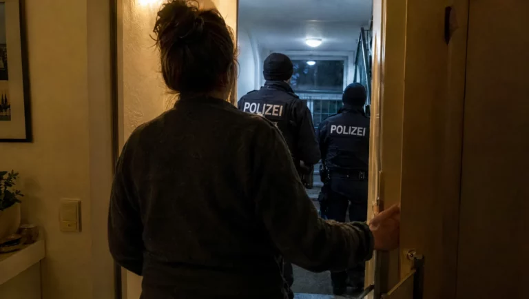 Eine Person hält nachts die Wohnungstür nur einen Spalt offen, während zwei Polizeibeamte im Treppenhaus stehen.