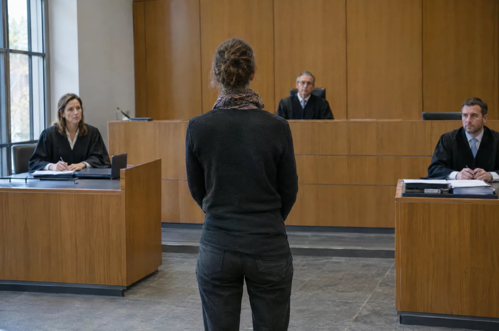 Ein Zeuge steht vor der Richterbank eines deutschen Gerichts, seitlich sitzen Staatsanwalt und Verteidiger in Robe.