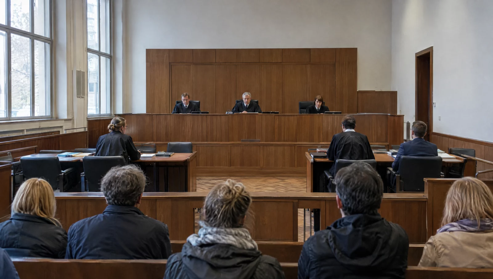 Blick aus dem Zuschauerraum auf eine Hauptverhandlung mit Richterbank, Staatsanwaltschaft und Verteidigung in schwarzen Roben.