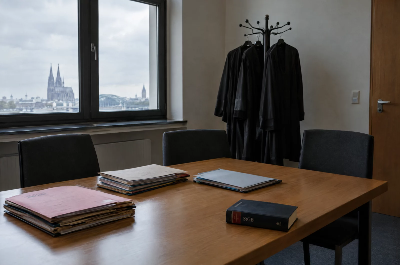 Beratungszimmer eines Strafgerichts mit Tisch, Akten und drei Roben am Garderobenständer, hier berät das Gericht über das Strafmaß.