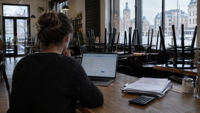 Inhaber sitzt im geschlossenen Café vor einem Laptop mit Antragsformular, daneben Rechnungen – Ausgangslage vieler Subventionsbetrugsverfahren.