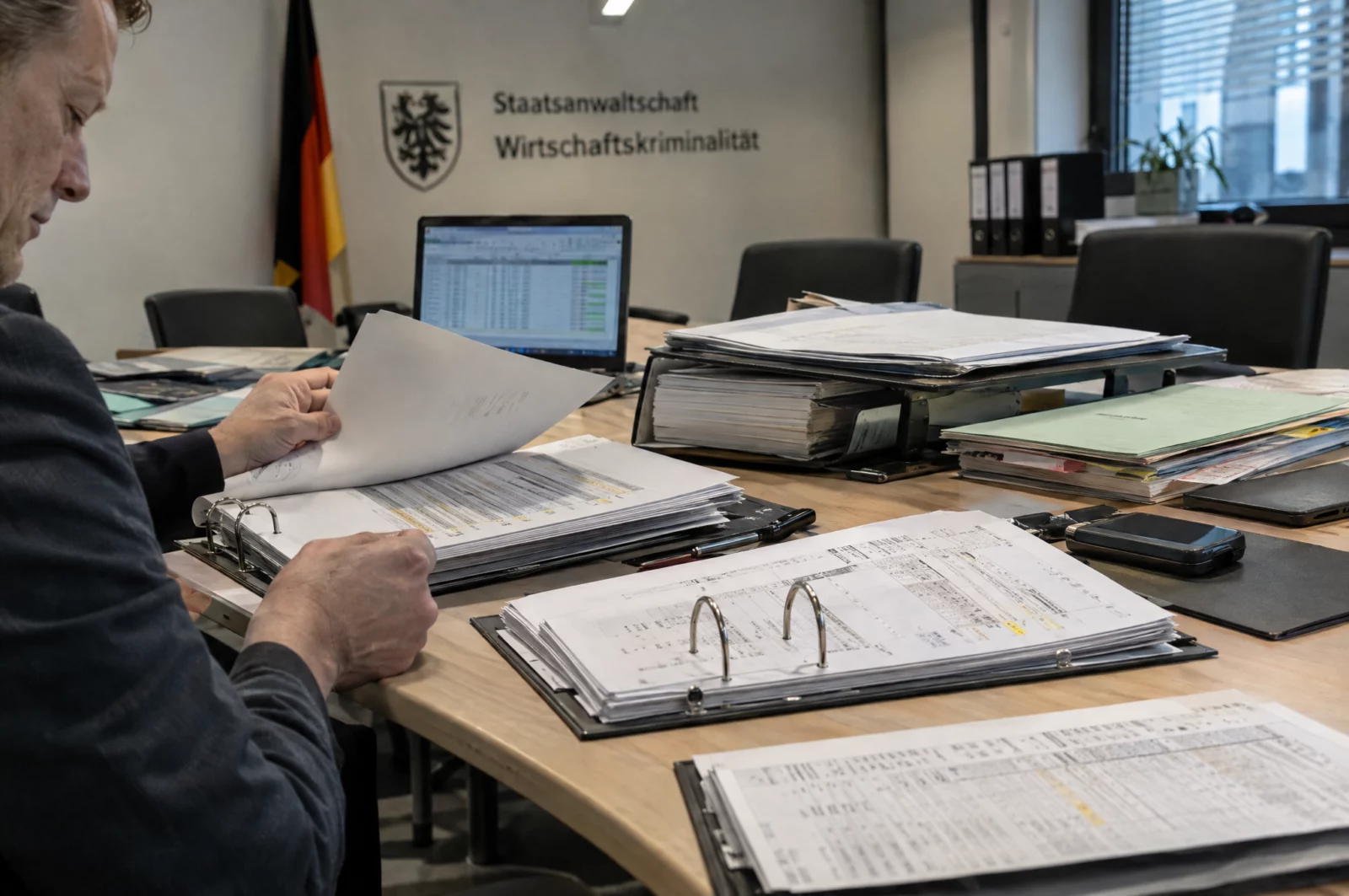 Ermittler blättern in Buchhaltungsordnern auf einem Konferenztisch der Wirtschaftsabteilung einer Staatsanwaltschaft.