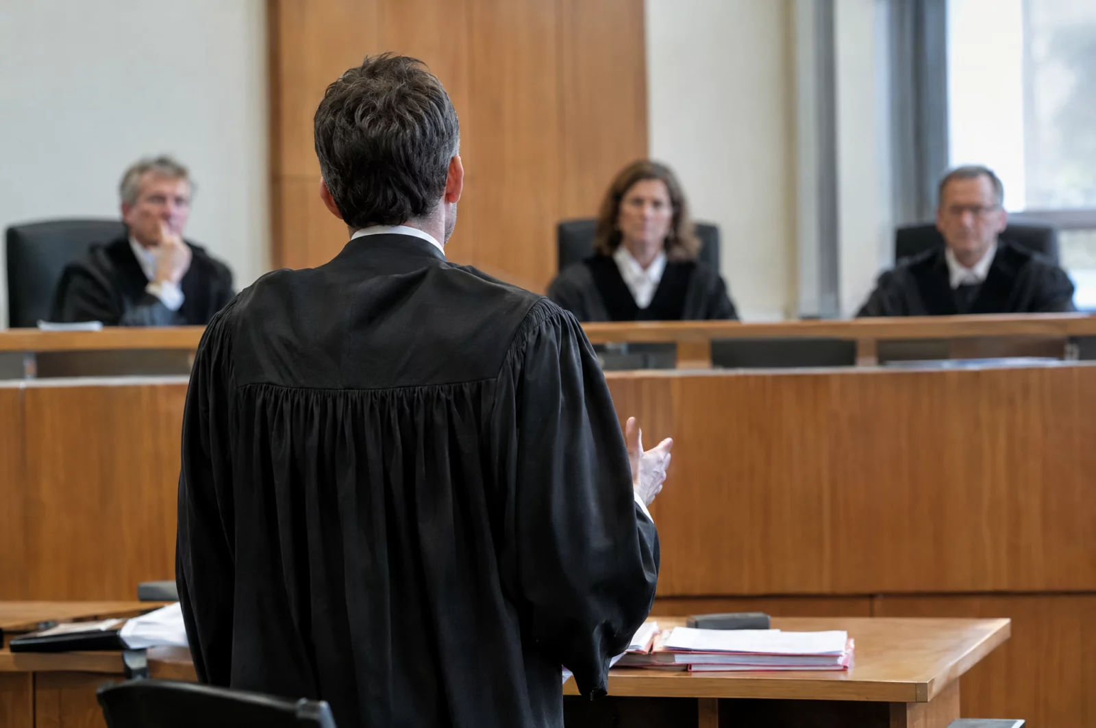 Verteidiger in schwarzer Robe spricht im Gerichtssaal zur Richterbank und macht die Strafmilderung nach § 46a StGB geltend.
