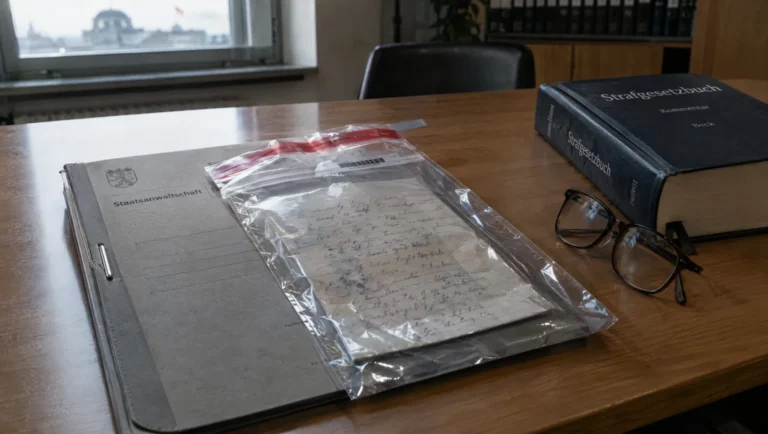 Handschriftlicher Brief in einer Beweismitteltüte auf einer Ermittlungsakte, Beweismittel im Verfahren wegen Tötung auf Verlangen.