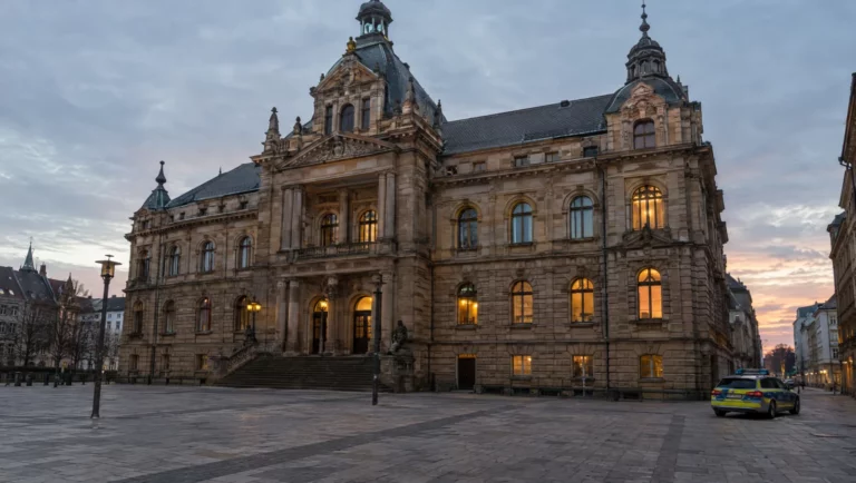 Sandsteinfassade eines Landgerichts in der Abenddämmerung, wo das Schwurgericht über den Vorwurf des Totschlags verhandelt.