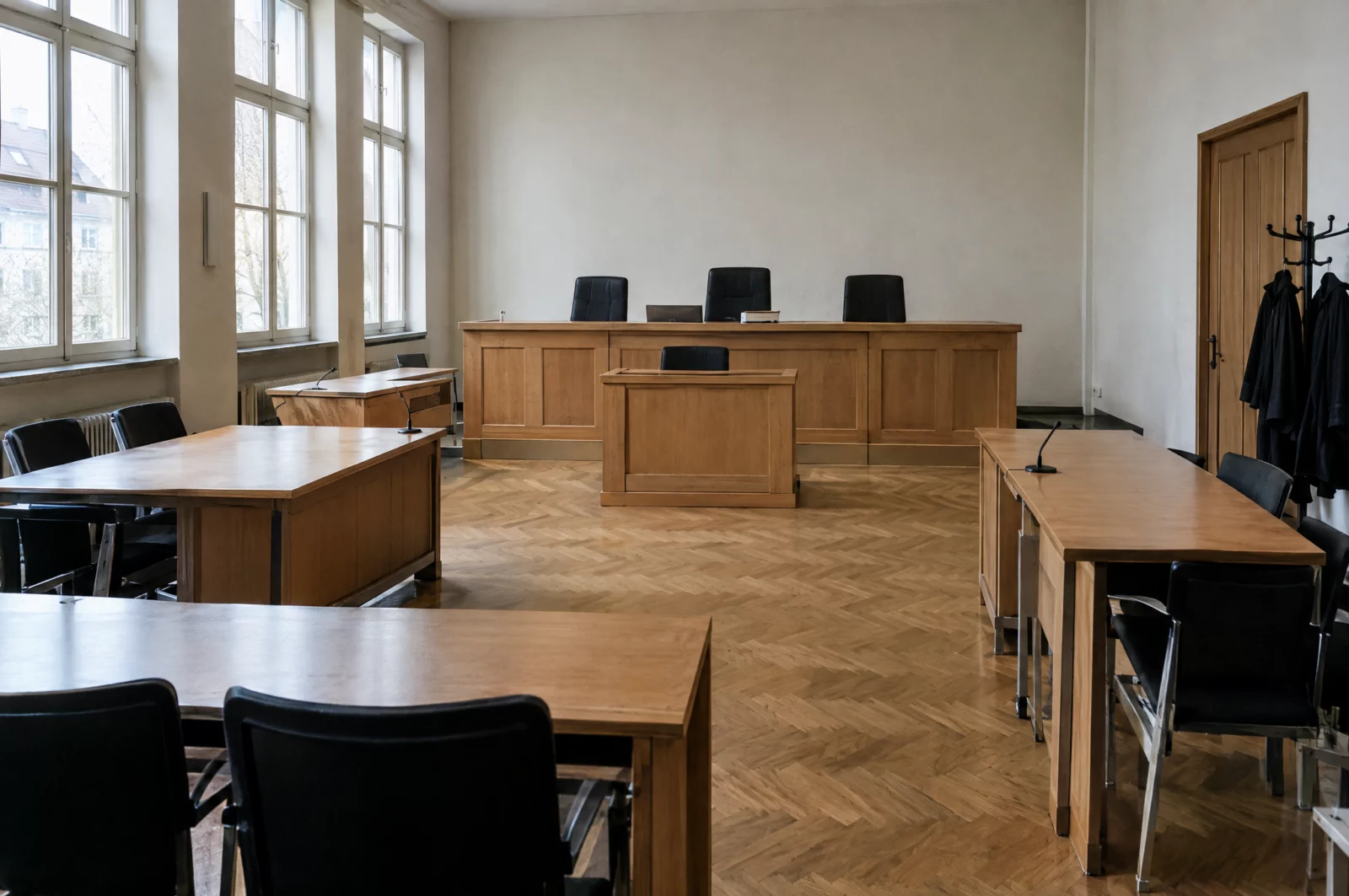 Leerer Sitzungssaal eines Amtsgerichts mit erhöhter Richterbank und Roben am Garderobenständer vor der Verhandlung.