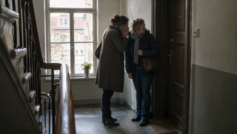 Zwei Nachbarn tuscheln im Treppenhaus und blicken zu einer Wohnungstür – so beginnt oft eine üble Nachrede.