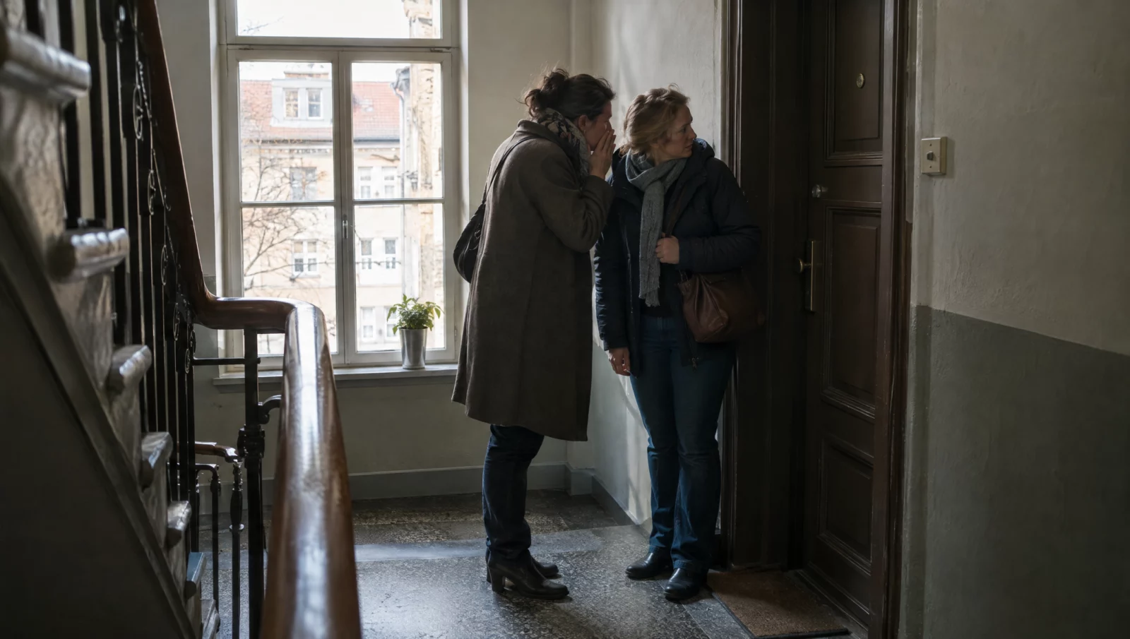 Zwei Nachbarn tuscheln im Treppenhaus und blicken zu einer Wohnungstür – so beginnt oft eine üble Nachrede.