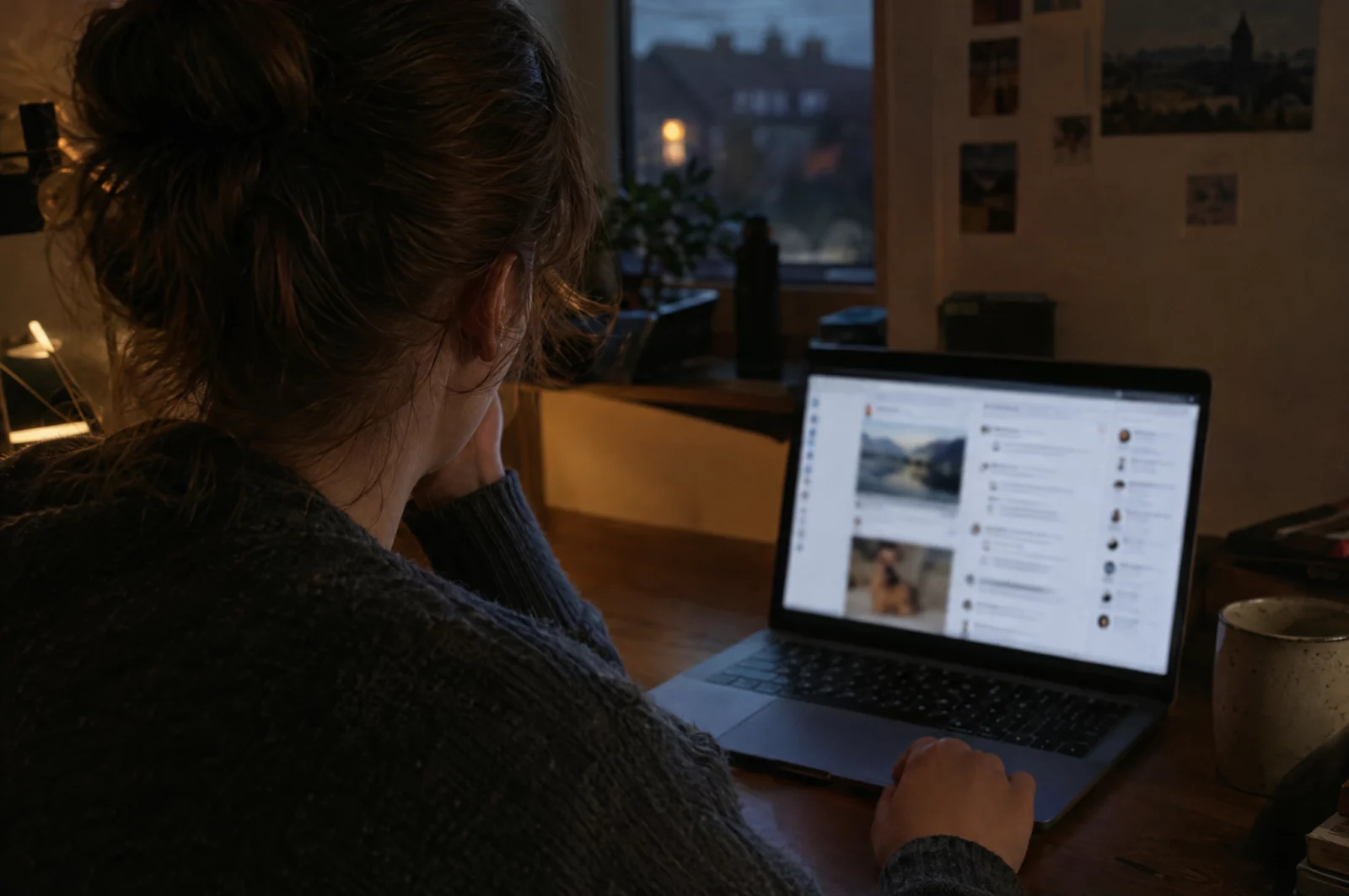 Person scrollt abends am Laptop durch unscharfe Social-Media-Beiträge, ein häufiger Tatort von übler Nachrede und Verleumdung.