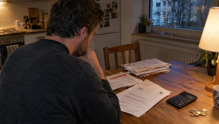 Ein Mann sitzt am Küchentisch vor unbezahlten Rechnungen und einem Behördenschreiben – typische Lage bei Vorwürfen nach § 170 StGB.