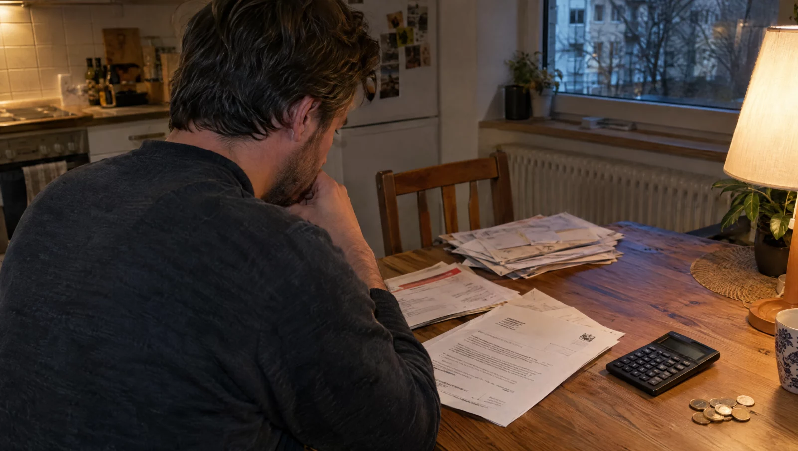 Ein Mann sitzt am Küchentisch vor unbezahlten Rechnungen und einem Behördenschreiben – typische Lage bei Vorwürfen nach § 170 StGB.