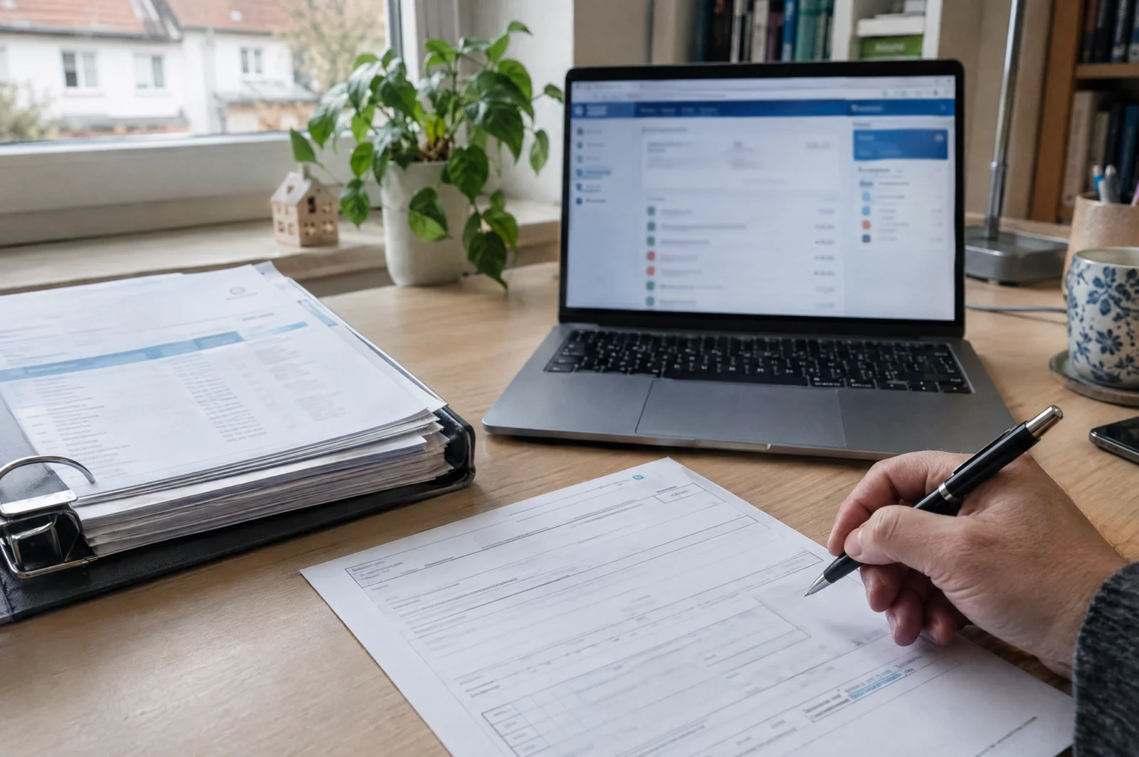 Überweisungsformular, Laptop mit Online-Banking und Gehaltsnachweise liegen auf dem Schreibtisch – Nachweise zur Leistungsfähigkeit beim Unterhalt.