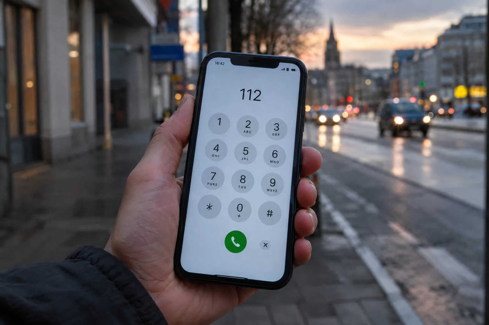 Eine Hand hält ein Smartphone mit gewählter Notrufnummer 112, oft die einfachste zumutbare Hilfeleistung.