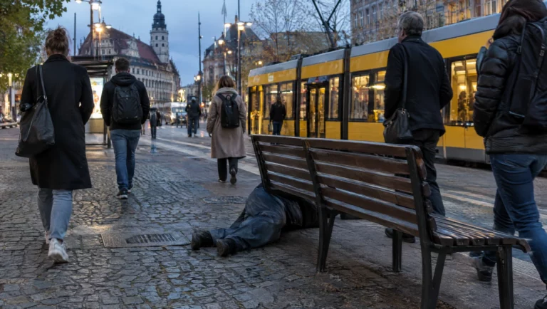 Passanten gehen an einer Straßenbahnhaltestelle an einer am Boden liegenden Person vorbei, ohne stehen zu bleiben.