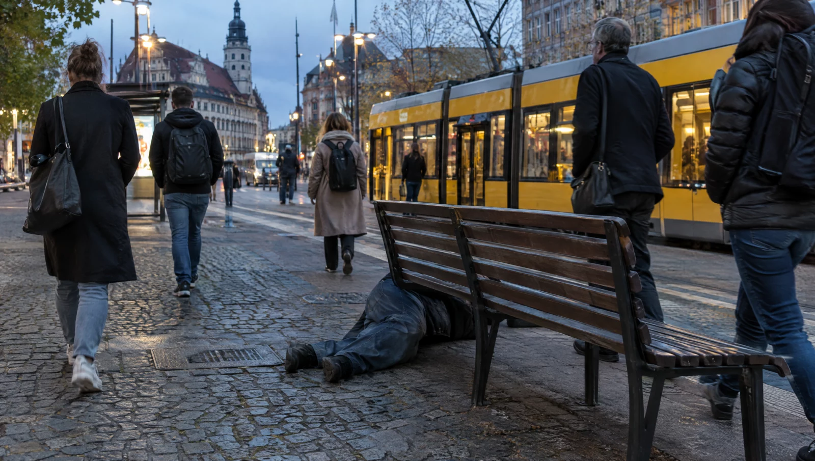 Passanten gehen an einer Straßenbahnhaltestelle an einer am Boden liegenden Person vorbei, ohne stehen zu bleiben.