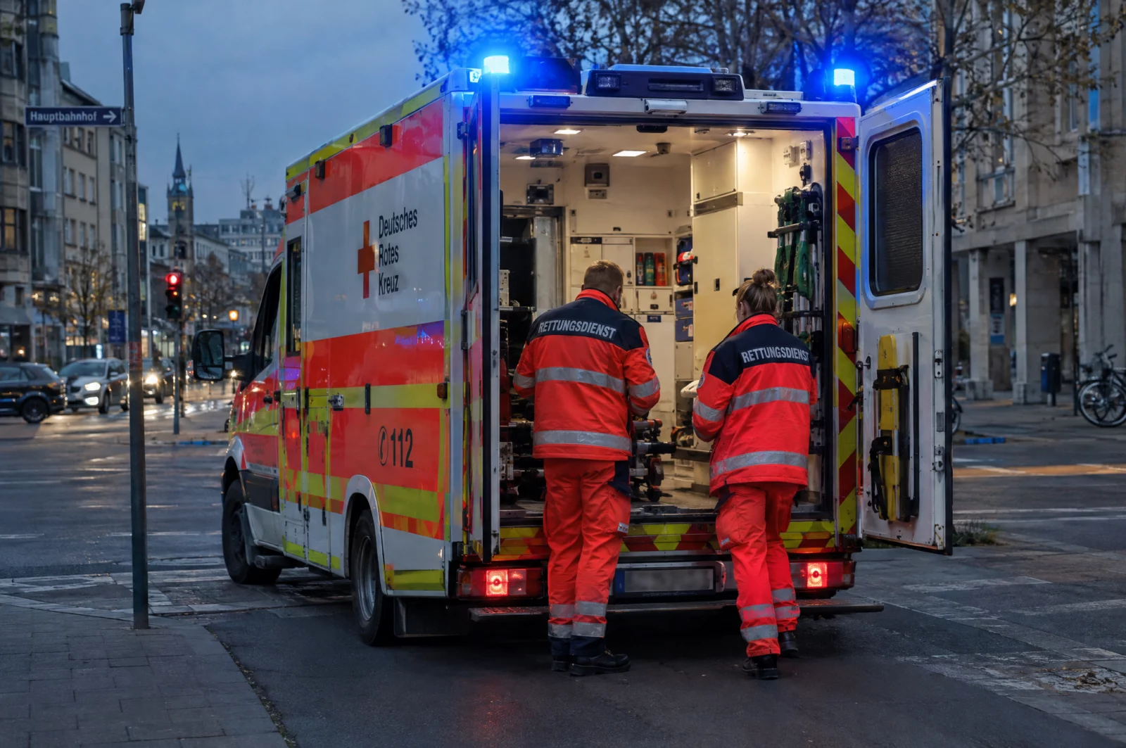 Ein Rettungswagen mit Blaulicht steht in der Abenddämmerung am Straßenrand, Sanitäter sind von hinten zu sehen.