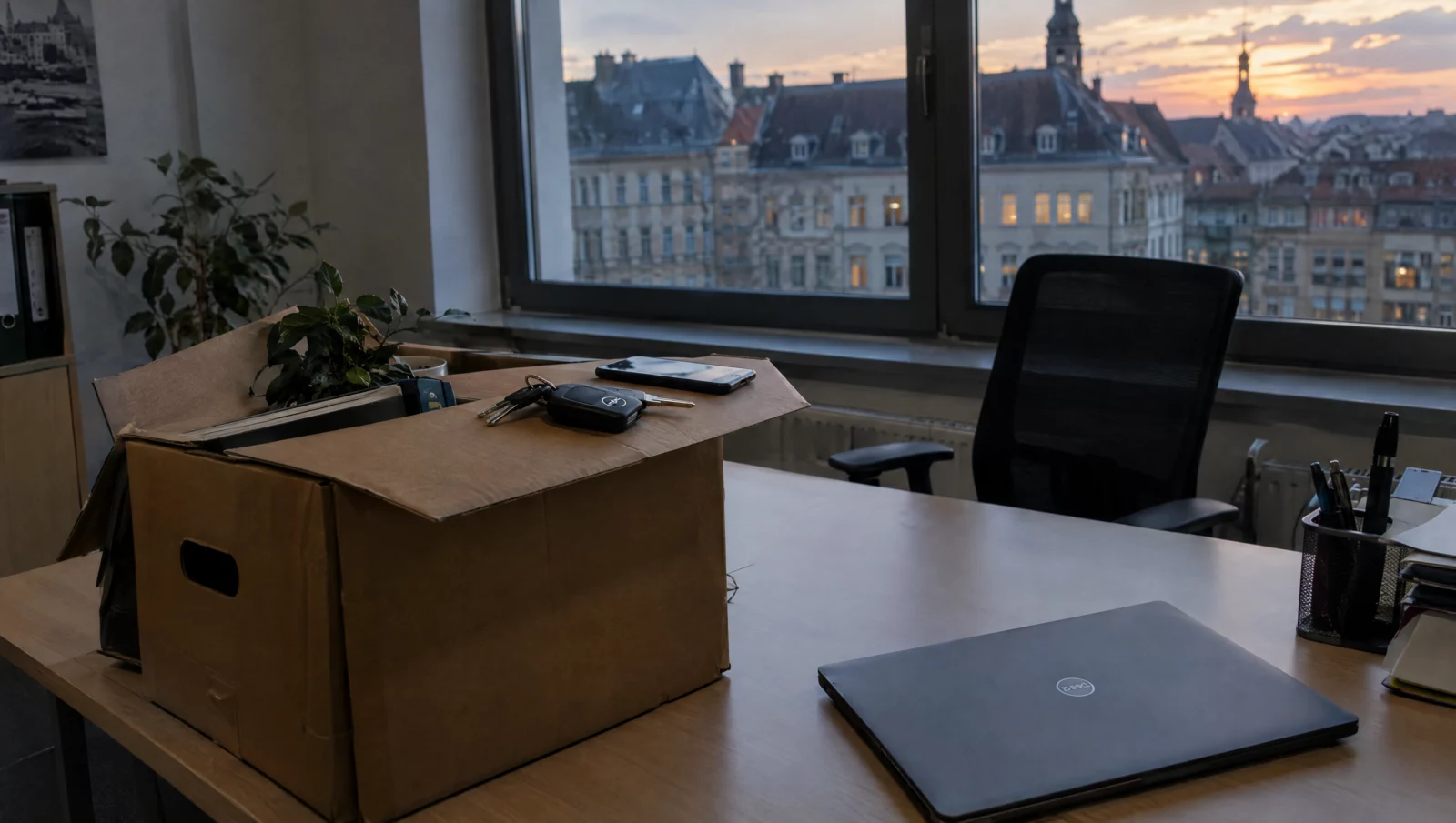 Firmenlaptop, Autoschlüssel und Smartphone liegen auf einem Umzugskarton im Büro – typische Konstellation einer Unterschlagung.