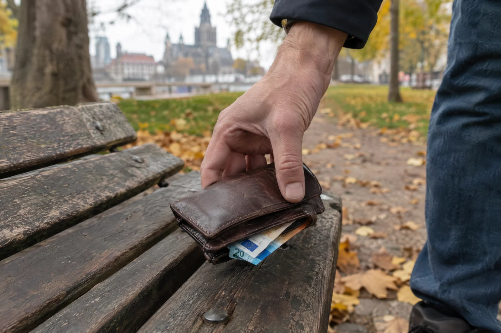 Eine Hand nimmt eine gefundene Geldbörse mit Euro-Scheinen von einer Parkbank – Fundsachen können zur Unterschlagung führen.