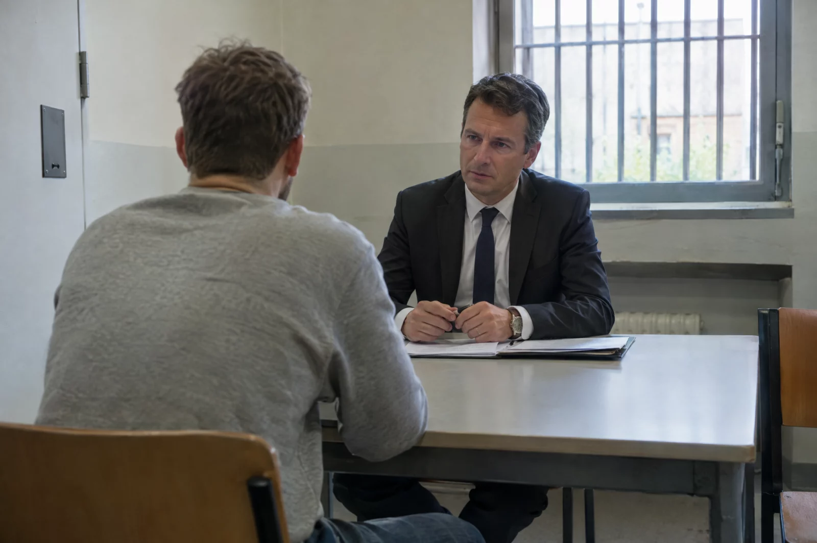 Untersuchungshaft Ein Strafverteidiger bespricht im Besuchsraum der JVA mit seinem inhaftierten Mandanten die Haftprüfung.