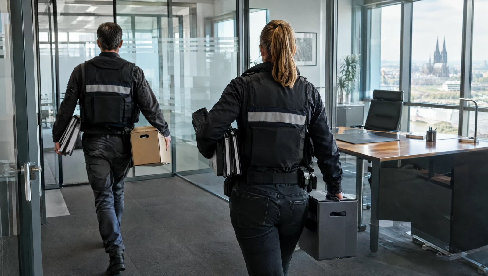 Ermittler tragen Ordner und Archivkartons aus einem modernen Firmenbüro, ein typisches Vorgehen bei Untreueverdacht.