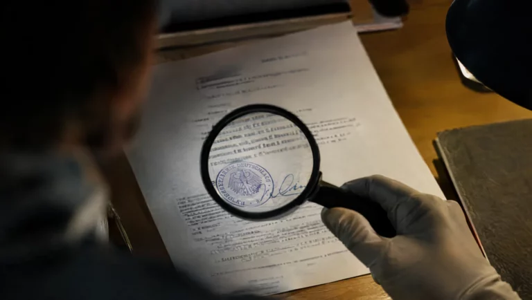 Eine Lupe wird über ein amtliches Dokument mit blauem Stempel und Unterschrift gehalten, um eine Fälschung zu prüfen.
