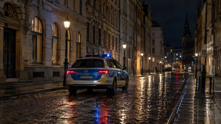 Ein Streifenwagen fährt nachts durch eine regennasse Altbaustraße – Kontrollen im Sperrbezirk wegen verbotener Prostitution.