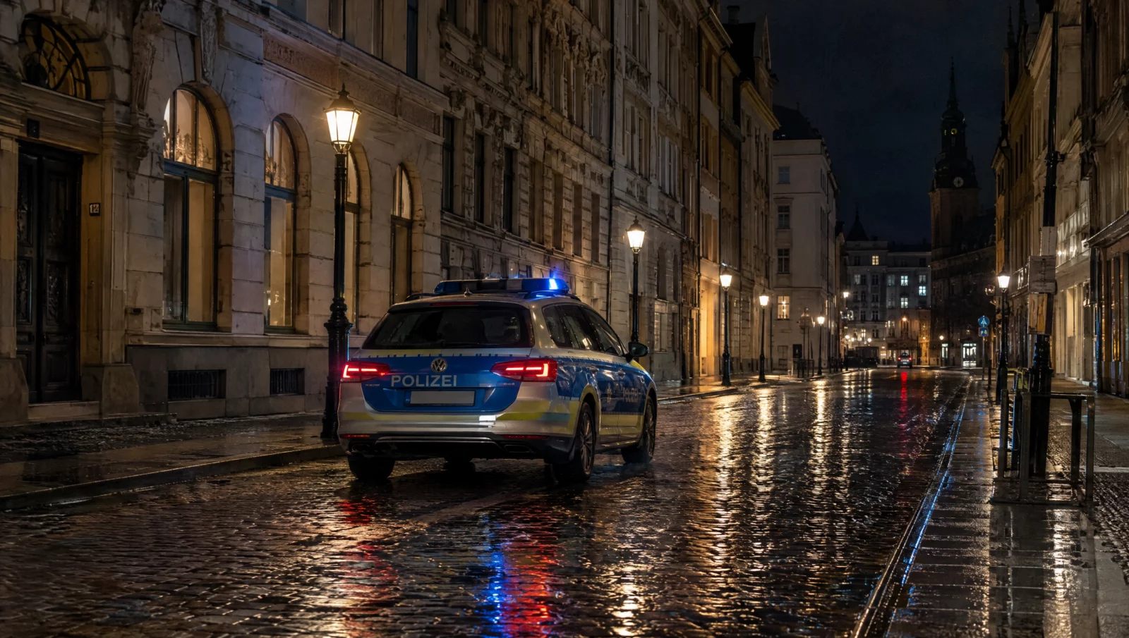 Ein Streifenwagen fährt nachts durch eine regennasse Altbaustraße – Kontrollen im Sperrbezirk wegen verbotener Prostitution.