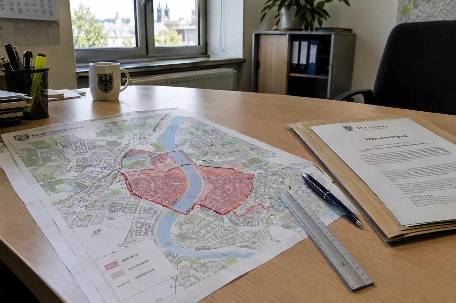 Ausübung der verbotenen Prostitution - § 184f StGB Ein Stadtplan mit markiertem Sperrbezirk liegt neben einer Verordnung auf einem Schreibtisch im Ordnungsamt.