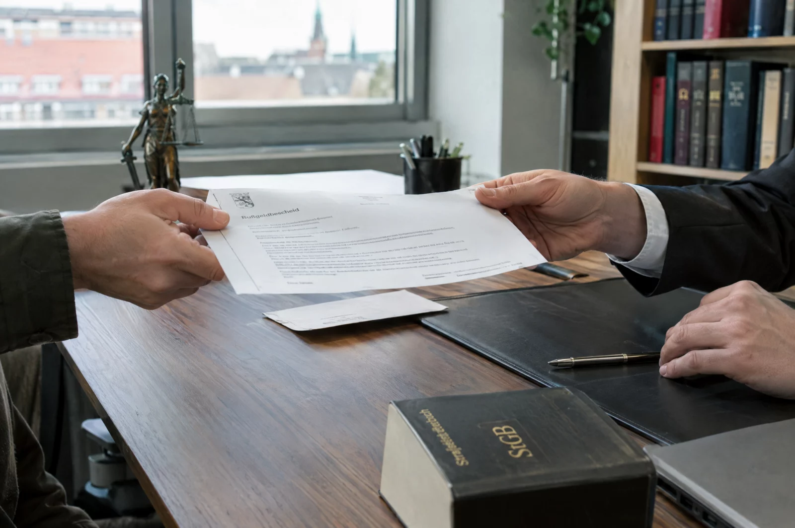 Ausübung der verbotenen Prostitution - § 184f StGB Eine Mandantin übergibt ihrem Strafverteidiger am Schreibtisch einen Strafbefehl wegen Ausübung der verbotenen Prostitution.