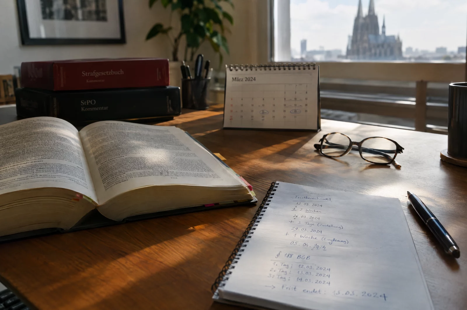 Schreibtisch eines Verteidigers mit Kalender, Kommentar und Notizen zur Berechnung der Verjährungsfrist bei Sexualdelikten.