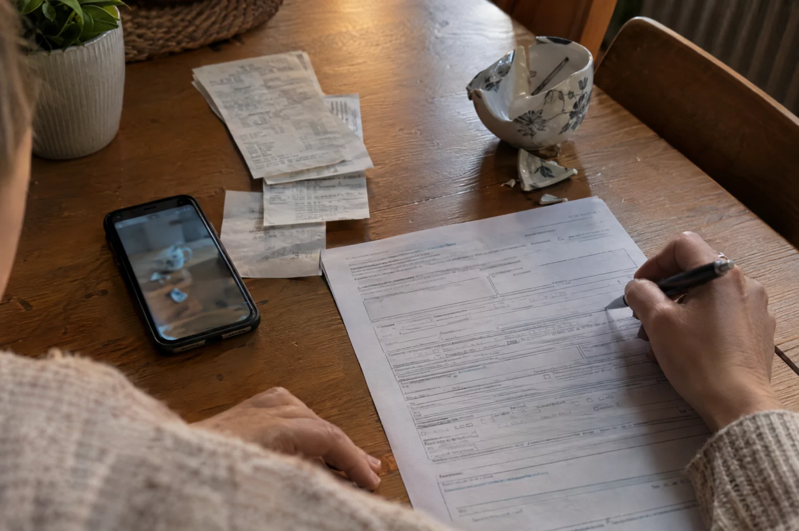 Versicherungsbetrug - § 263 StGB Schadensformular, Quittungen und ein Smartphone mit Foto eines kaputten Gegenstands auf dem Küchentisch, Grundlage einer Versicherungsmeldung.