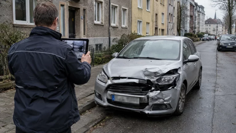 Gutachter fotografiert mit einem Tablet die eingedrückte Stoßstange eines Autos, um einen möglichen Versicherungsbetrug zu prüfen.