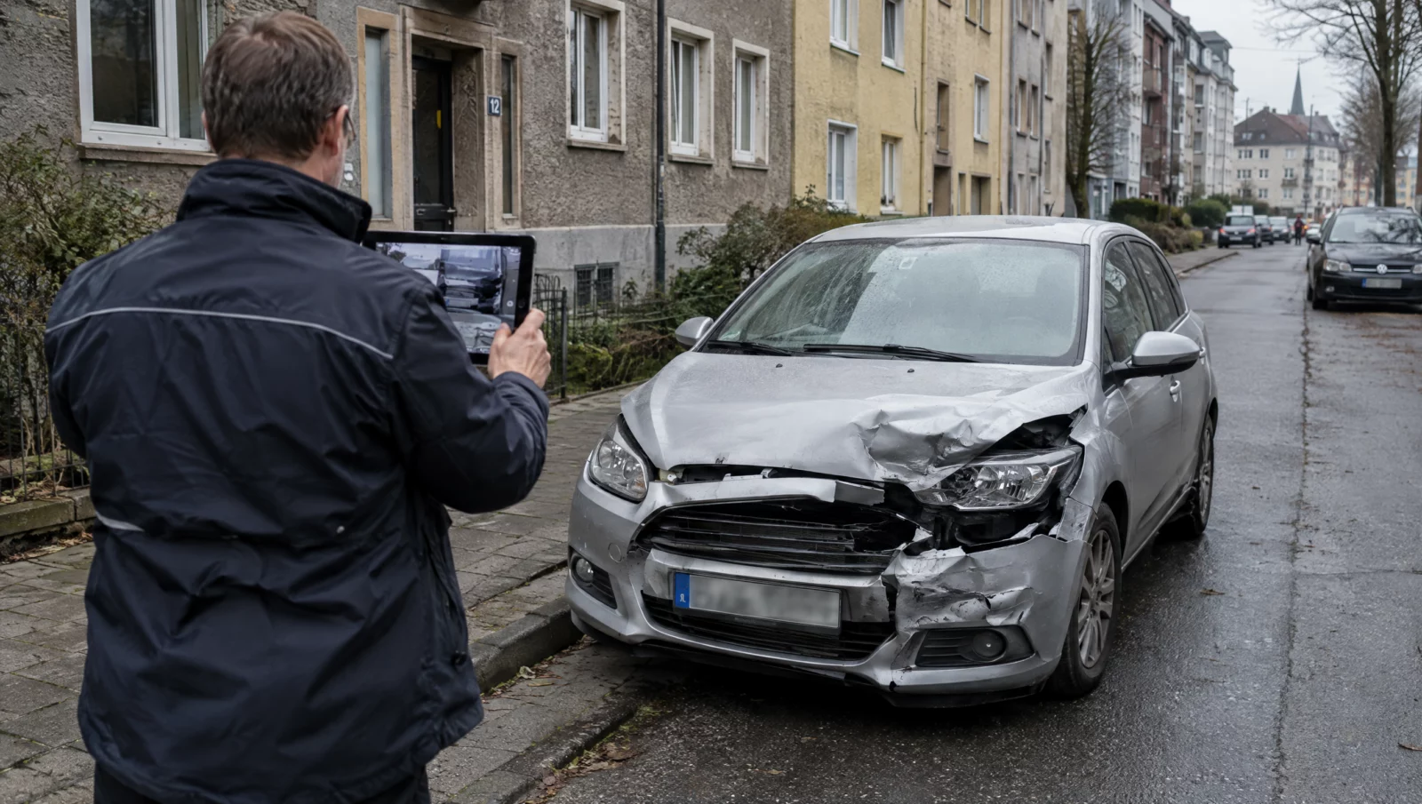 Gutachter fotografiert mit einem Tablet die eingedrückte Stoßstange eines Autos, um einen möglichen Versicherungsbetrug zu prüfen.