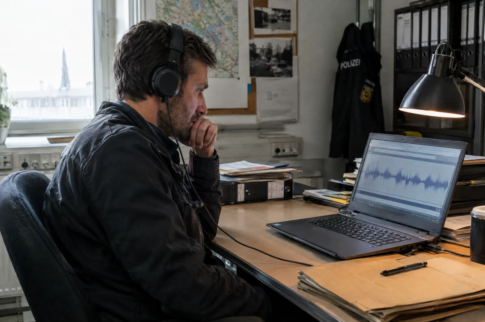 Kriminalbeamter hört mit Kopfhörern eine Audiodatei am Laptop ab, um eine Verletzung der Vertraulichkeit des Wortes zu prüfen.